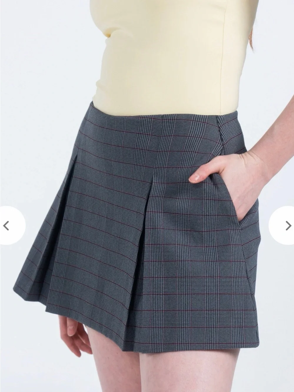 Gray Plaid Pleated Mini Skirt - Gray with Subtle Red Accents